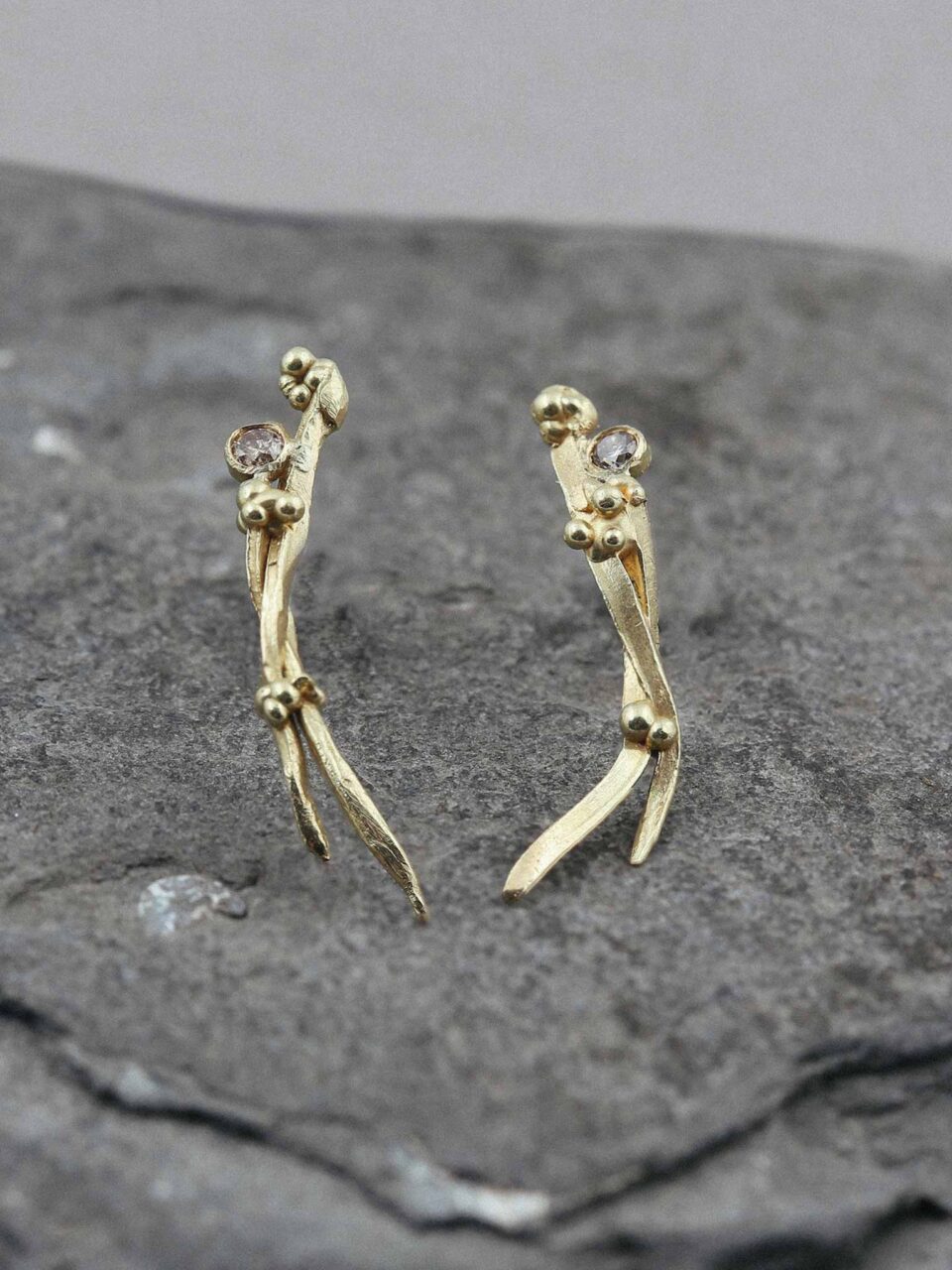 18ct Gold Twig Studs with Champagne Diamonds