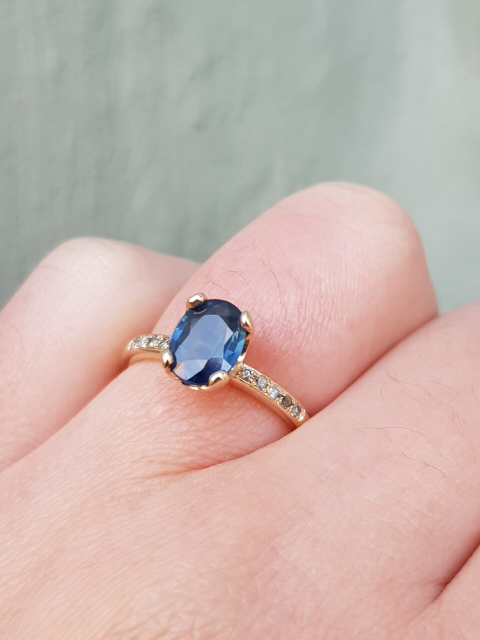 Blue Oval Sapphire and Diamond Engagement Ring