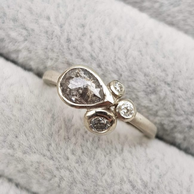 Salt and Pepper Pear Cluster Ring in White Gold