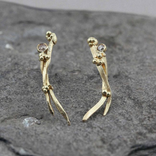 18ct Gold Twig Studs with Champagne Diamonds