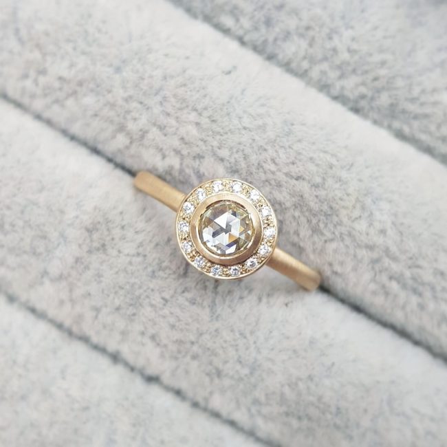 Yellow Rose Cut Diamond Round Modern Halo Ring