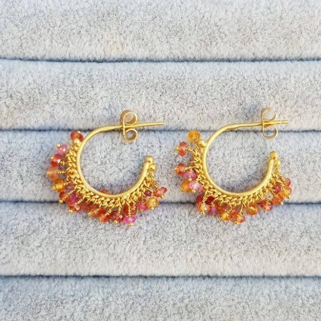 Orange sapphire beaded hoop earrings